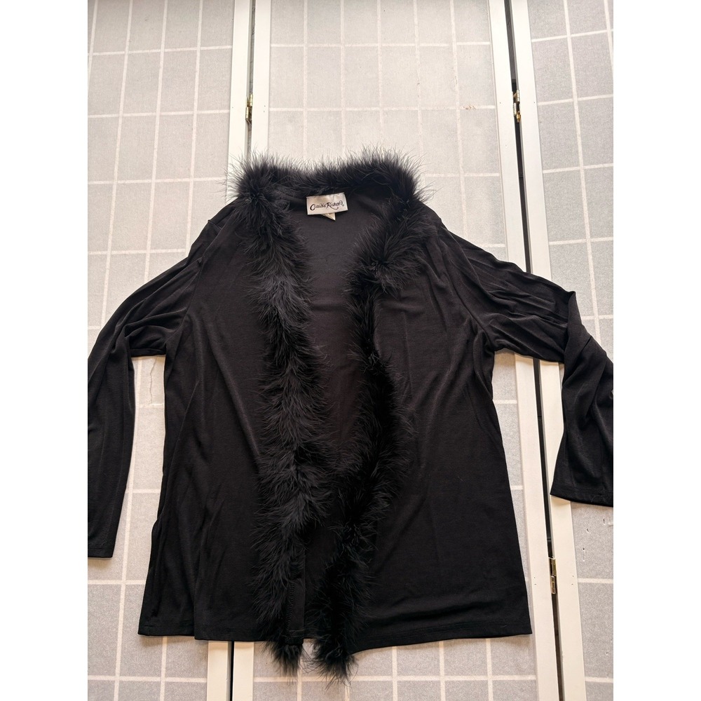 Vintage 90s Feather Trim Cardigan Jacket L Black Mob Wife Whimsigoth Goth Glam